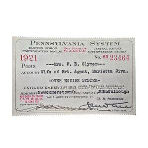 1921 Pennsylvania Railroad Pass HD 23464 Mrs. F.E. Clymer Wife Of Agent Marietta